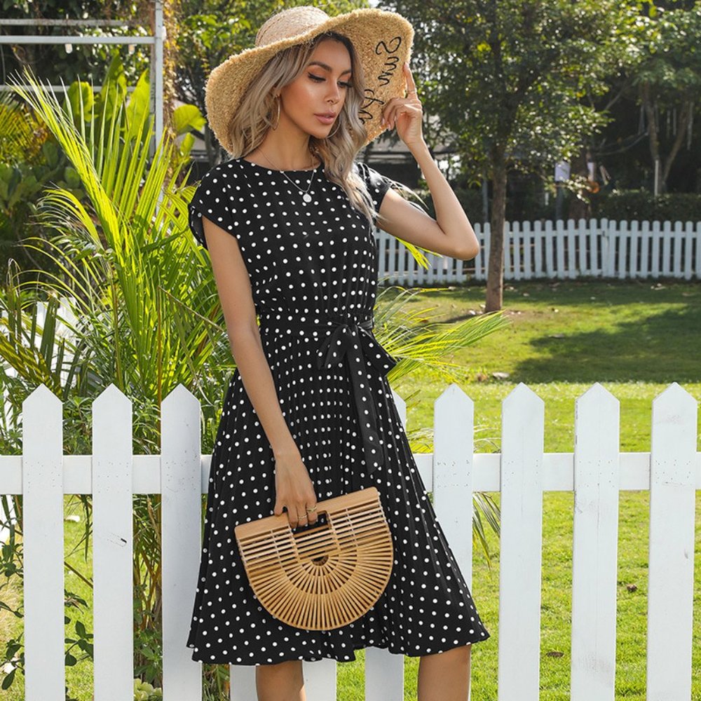 Summer Women Polka Dot Short Sleeve Dress Casual Bandage Party